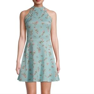 No Boundaries Floral Scuba Halter Neck Dress - Light Blue